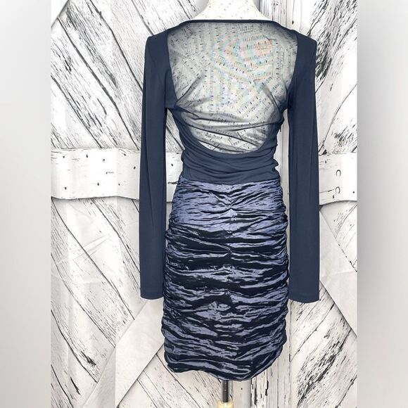 NICOLE MILLER Long Sleeve Dress w/Ruched Metallic Skirt Sheer Back Navy Sz. 8 - Picture 2 of 6